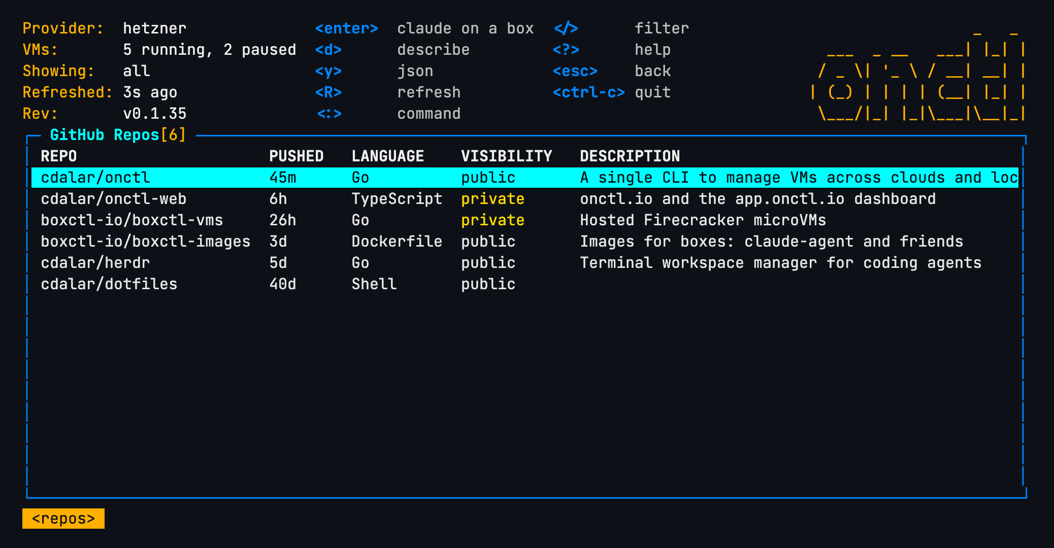 The GitHub repos view