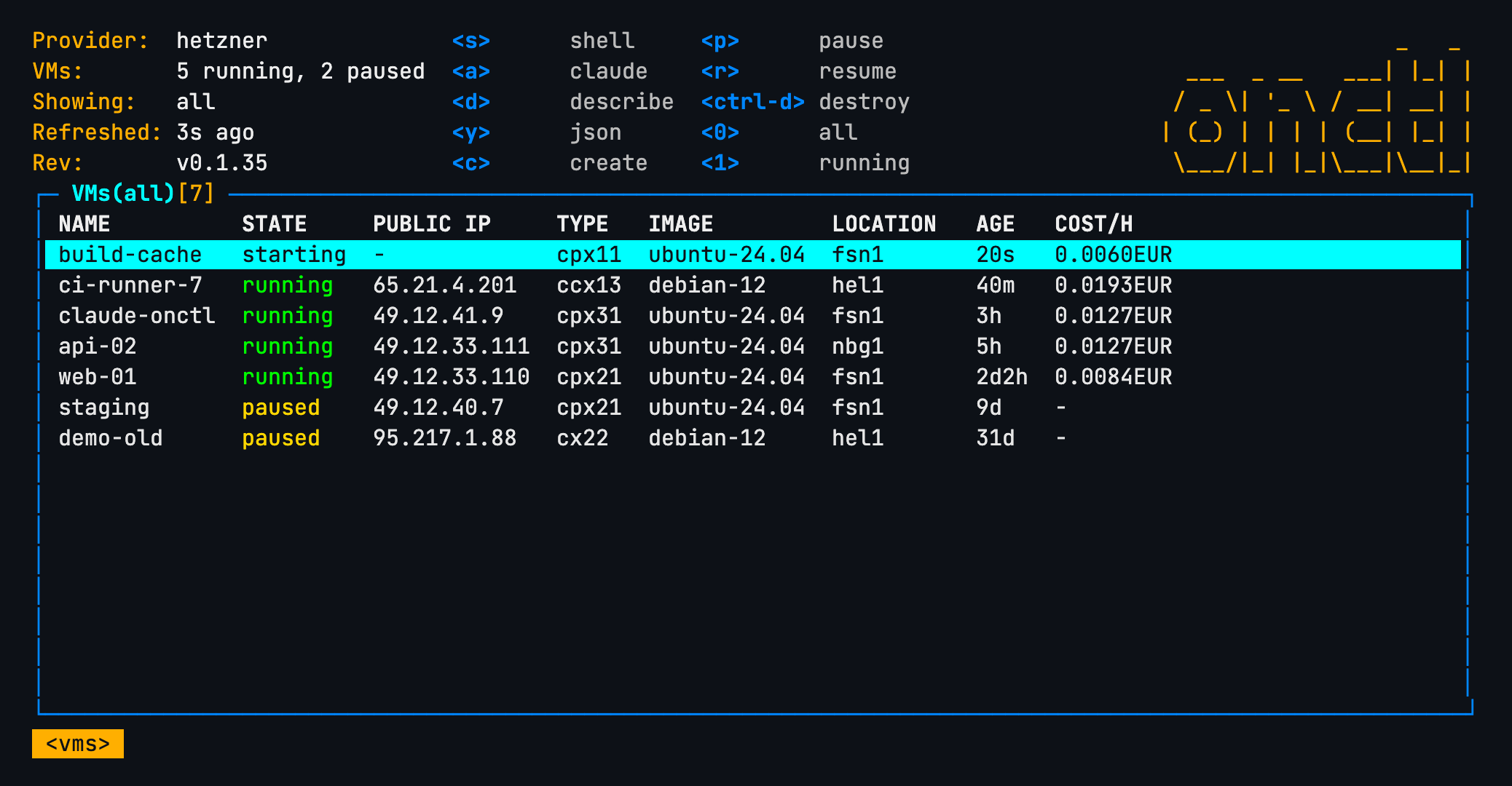 onctl tui: the VMs view