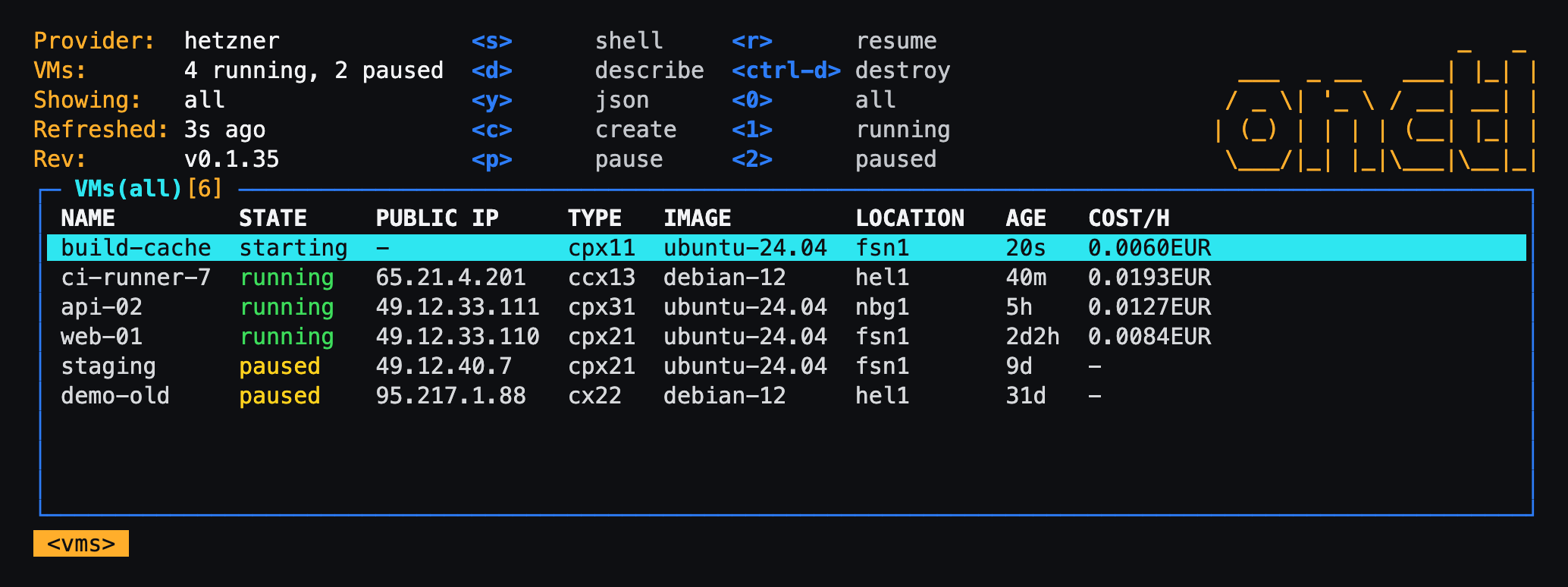 onctl tui: a header with the provider, VM counts and hotkeys, and a table of VMs with their state, public IP, type, image, location, age and hourly cost
